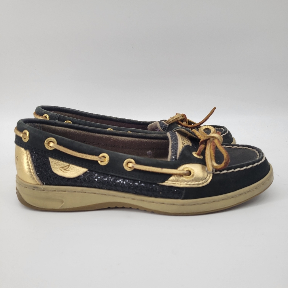 Sperry black & gold metallic glitter boat shoes 6